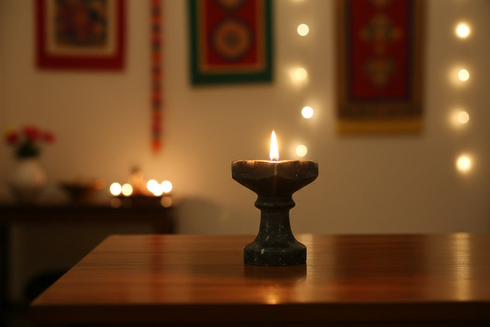 Black Marble Diya with Stand – Oil Lamp for Pooja & Home Décor   Marble Soft Stone