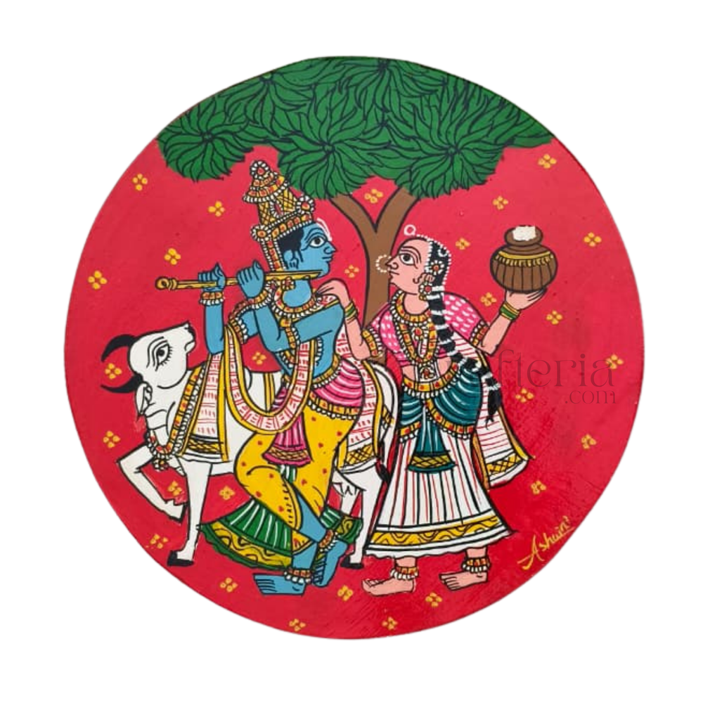 Hand-painted Cheriyal Art Radha Krishna Circular Wall Plate   wall decor