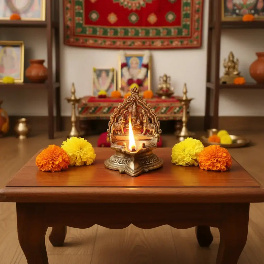 Brass Gaja Lakshmi Diya (Oil Lamp with Elephants)   Brass Ware