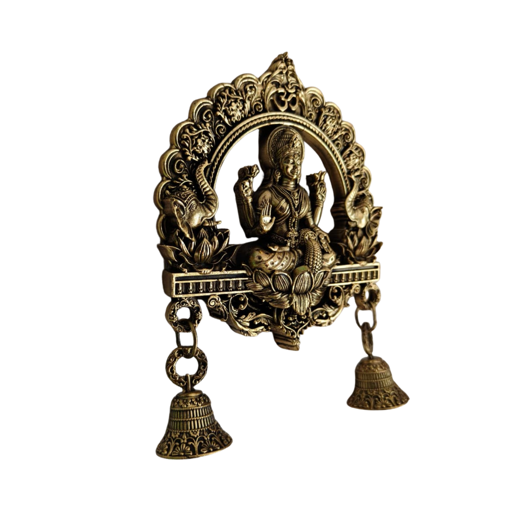 Brass Finish Gajalakshmi Wall Hanging with Bells   Brass Artwork