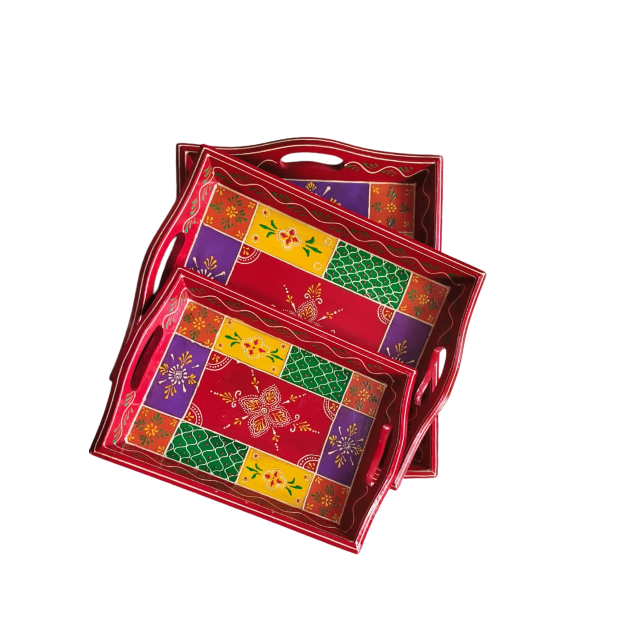 Set of 3 Hand-Painted Traditional Indian Decorative Serving Trays