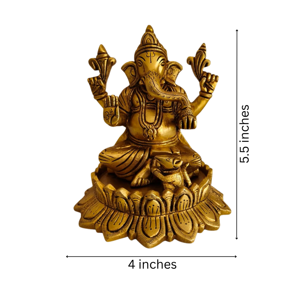 Antique Gold Finish Lord Ganesha on Lotus Statue   Brass Artwork