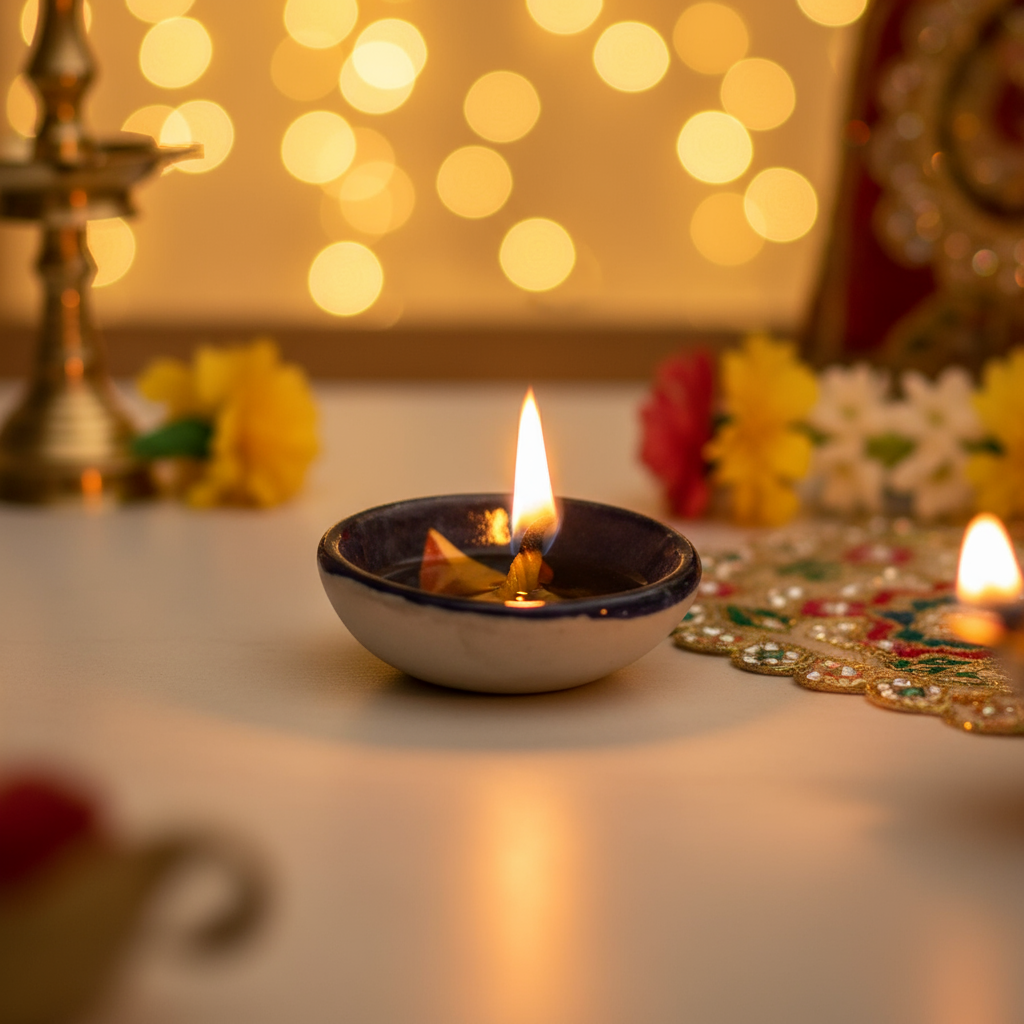 Round Blue Pottery Diya with Floral Accent | Hand-Painted Oil Lamp