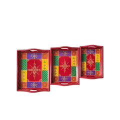 Set of 3 Hand-Painted Traditional Indian Decorative Serving Trays