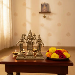Brass Lord Vishnu with Consorts Idol Set Sridevi & Bhudevi / Lakshmi & Saraswati   Brass Ware