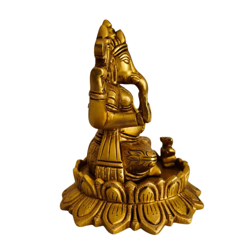Antique Gold Finish Lord Ganesha on Lotus Statue   Brass Artwork
