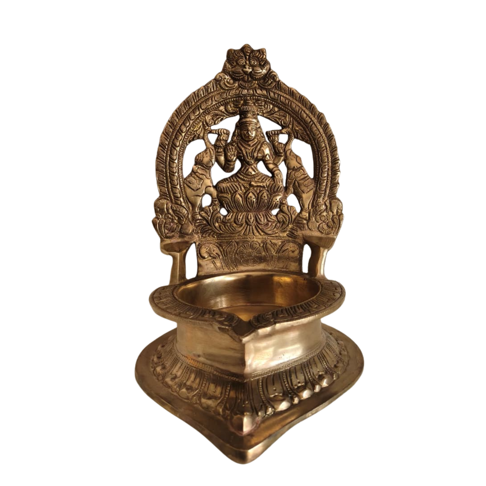 Handcrafted Gajalakshmi Brass Prabhavali Diya – Traditional Goddess Lakshmi Altar Lamp   Brass Artwork