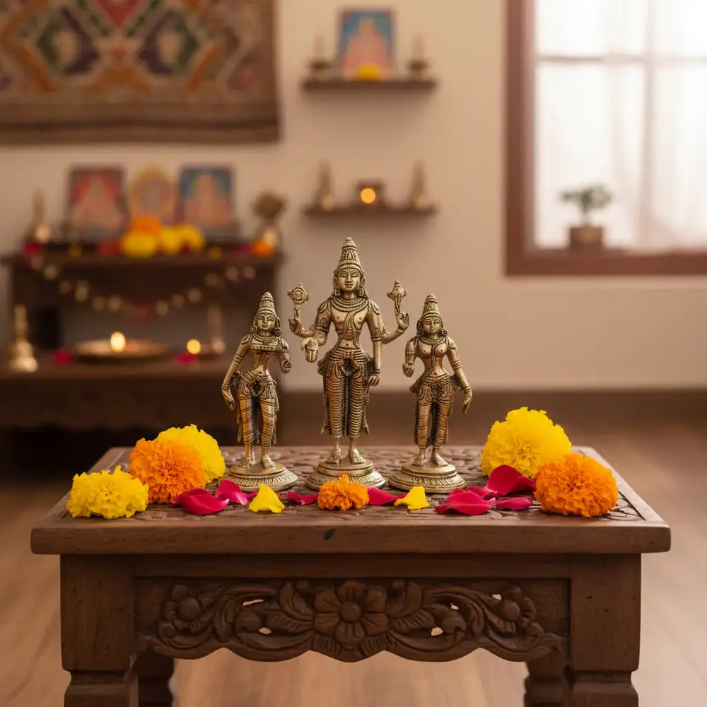 Brass Trimurti Idol of Lord Vishnu, Lakshmi, and Saraswati   Brass Ware
