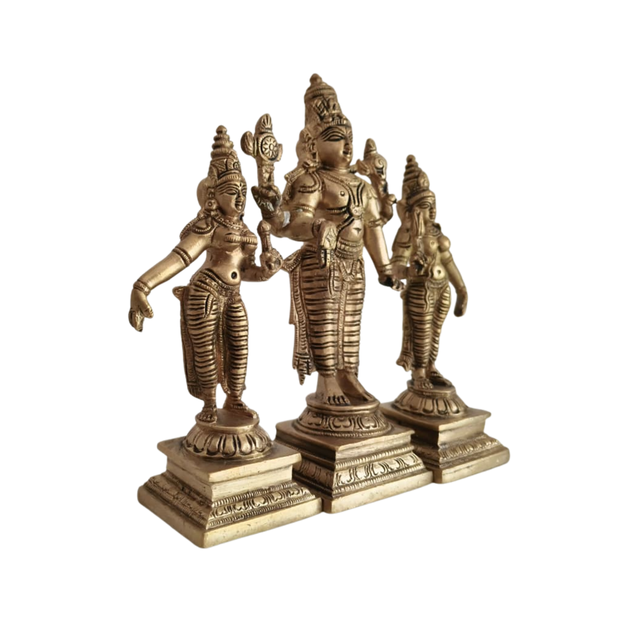 Brass Lord Vishnu with Consorts Idol Set Sridevi & Bhudevi / Lakshmi & Saraswati