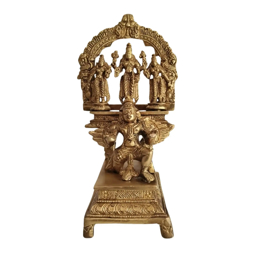 Brass Garuda Vishnu with Sridevi & Bhudevi Idol – Traditional Hindu Temple Sculpture   Brass Ware