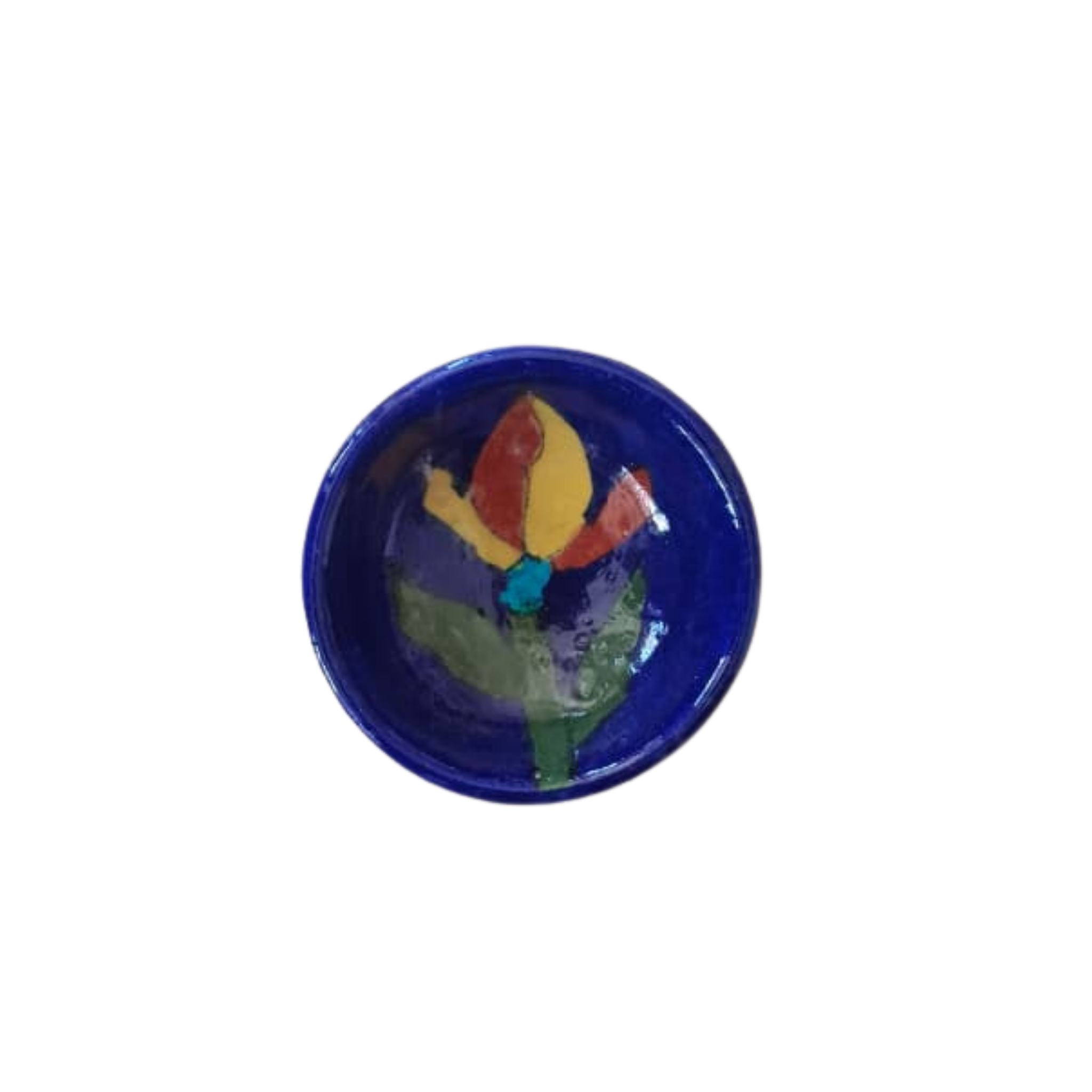 Round Blue Pottery Diya with Floral Accent | Hand-Painted Oil Lamp