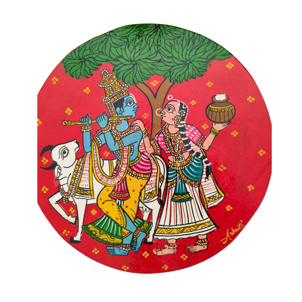 Hand-painted Cheriyal Art Radha Krishna Circular Wall Plate   wall decor