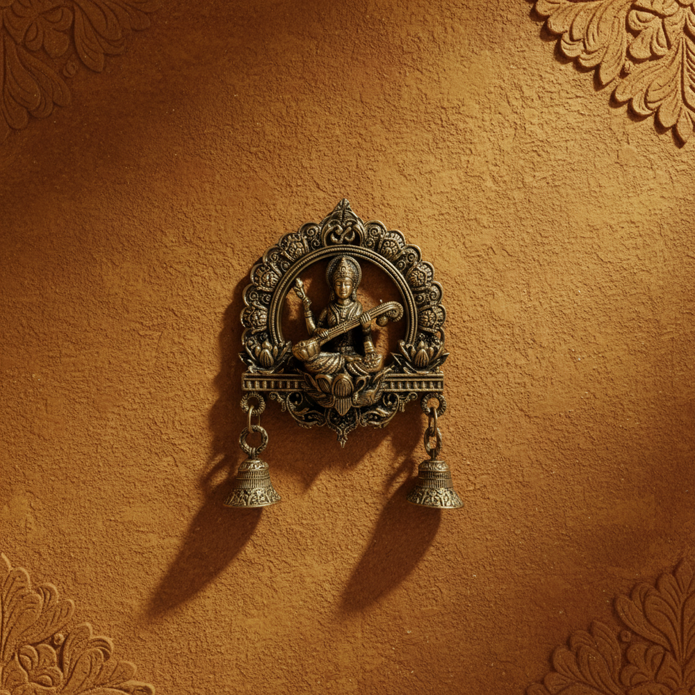 Antique Brass Finish Saraswati Wall Hanging with Bells   Brass Artwork