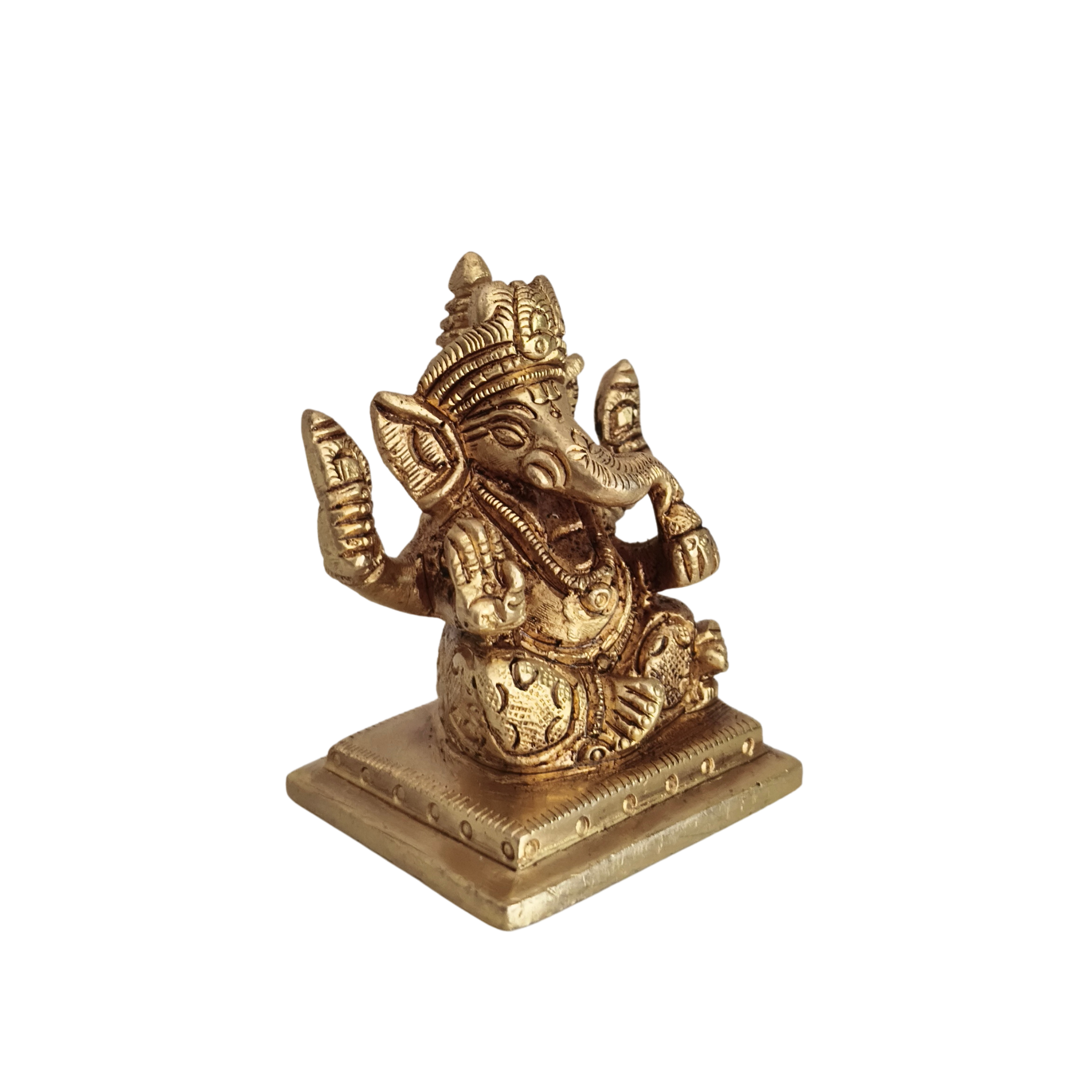 Miniature Brass Lord Ganesha Idol: Four-Armed Bringer of Success and Wisdom
