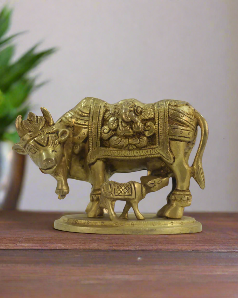 Divine Brass Kamadhenu with Calf – Sacred Vastu and Pooja Idol