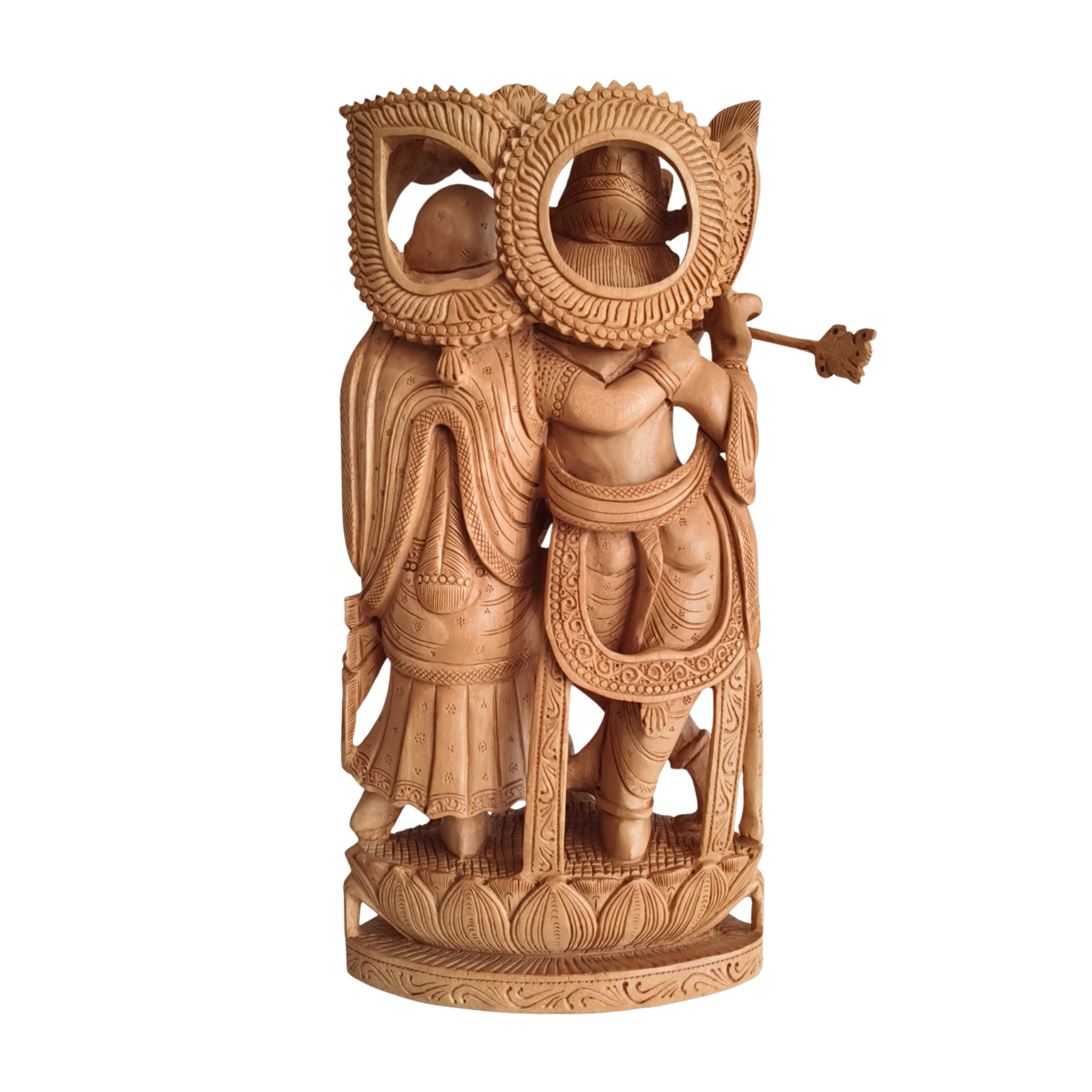 Divine Love: Hand-Carved Wooden Radha Krishna Sculpture with Intricate Detailing