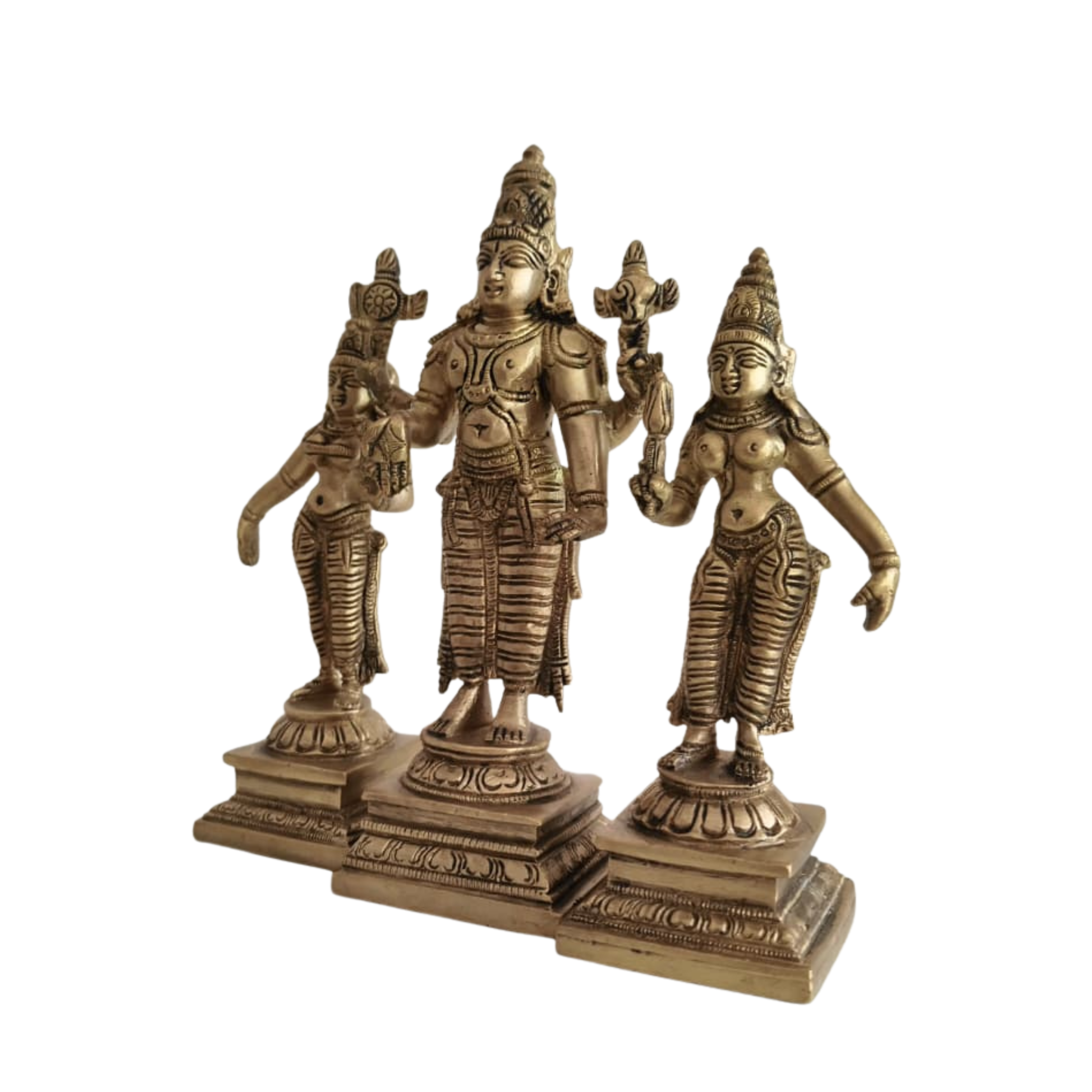 Brass Lord Vishnu with Consorts Idol Set Sridevi & Bhudevi / Lakshmi & Saraswati