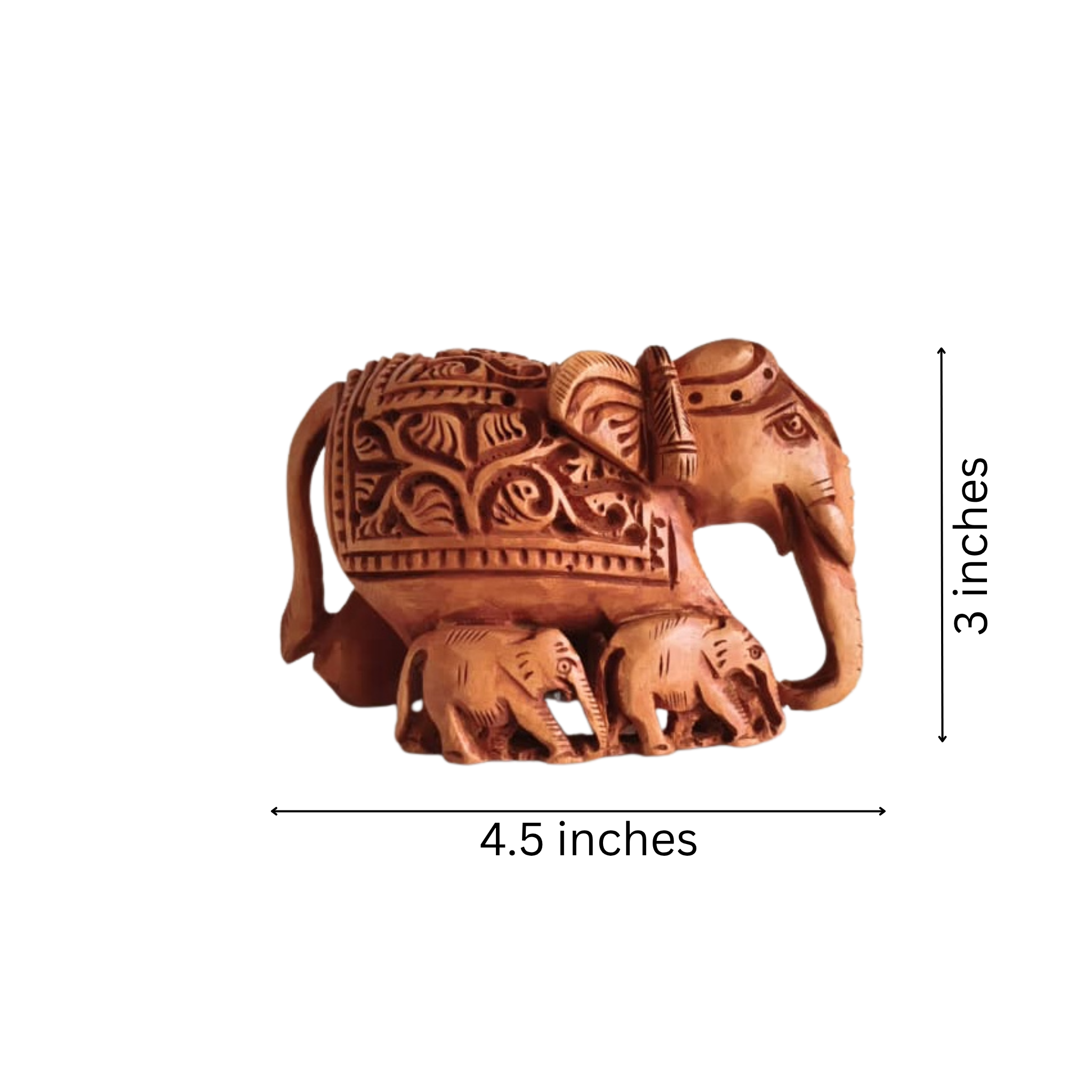 Hand-Carved Wooden Elephant Family with Intricate Details