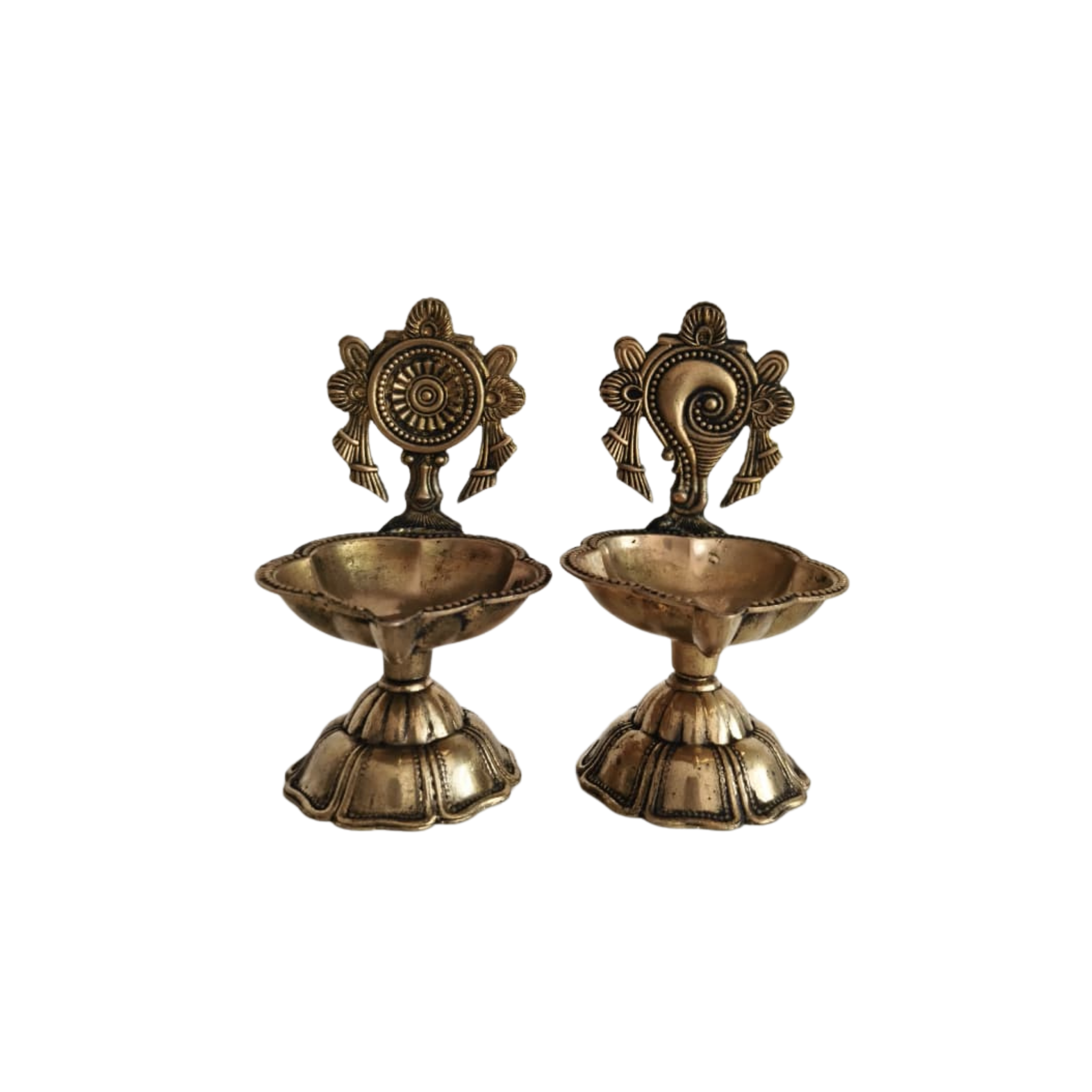 Pair of Ornate Brass Standing Diyas - Traditional Oil Lamps with Auspicious Symbols
