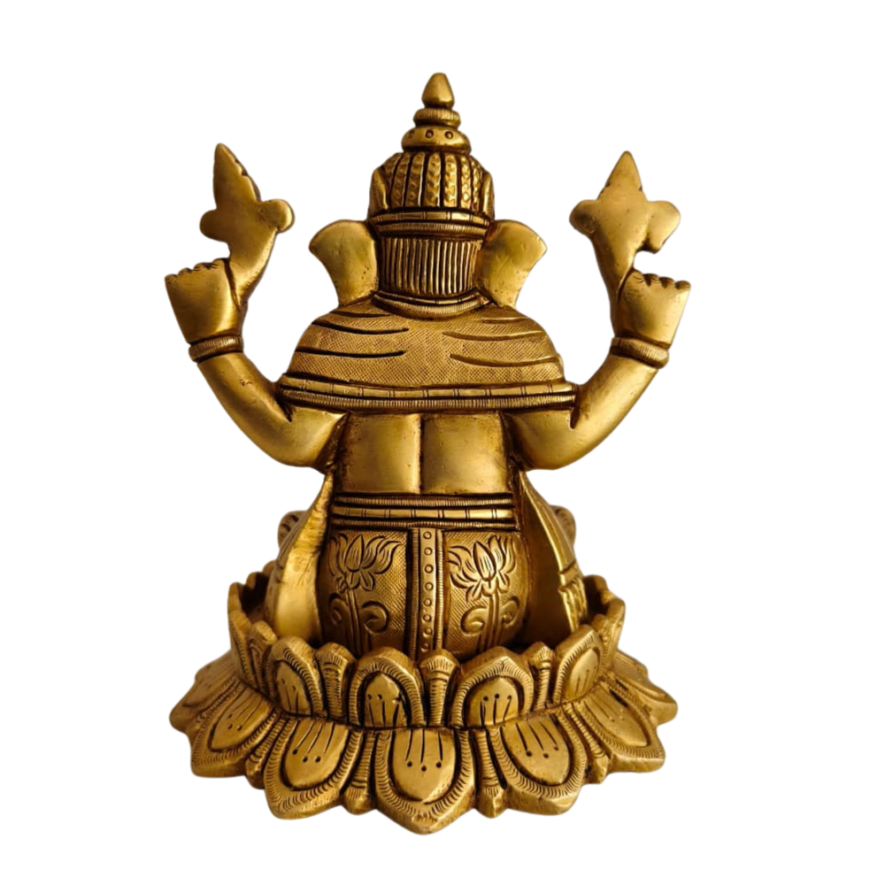Antique Gold Finish Lord Ganesha on Lotus Statue   Brass Artwork