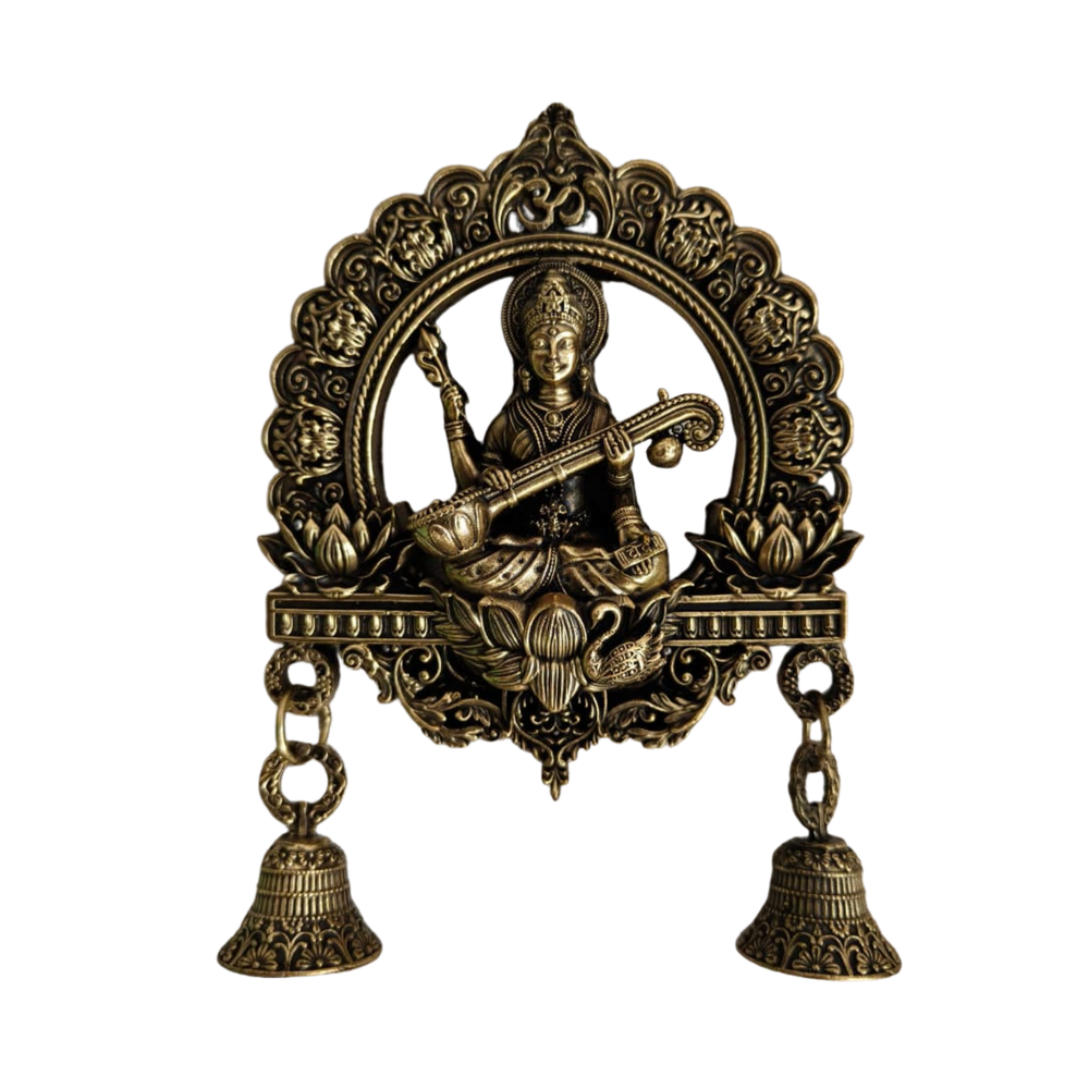 Antique Brass Finish Saraswati Wall Hanging with Bells   Brass Artwork