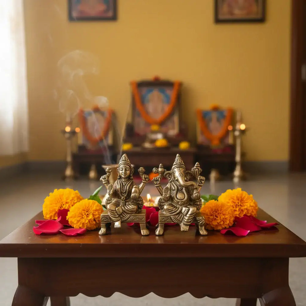 Brass Idols of Lakshmi and Ganesha   Brass Ware