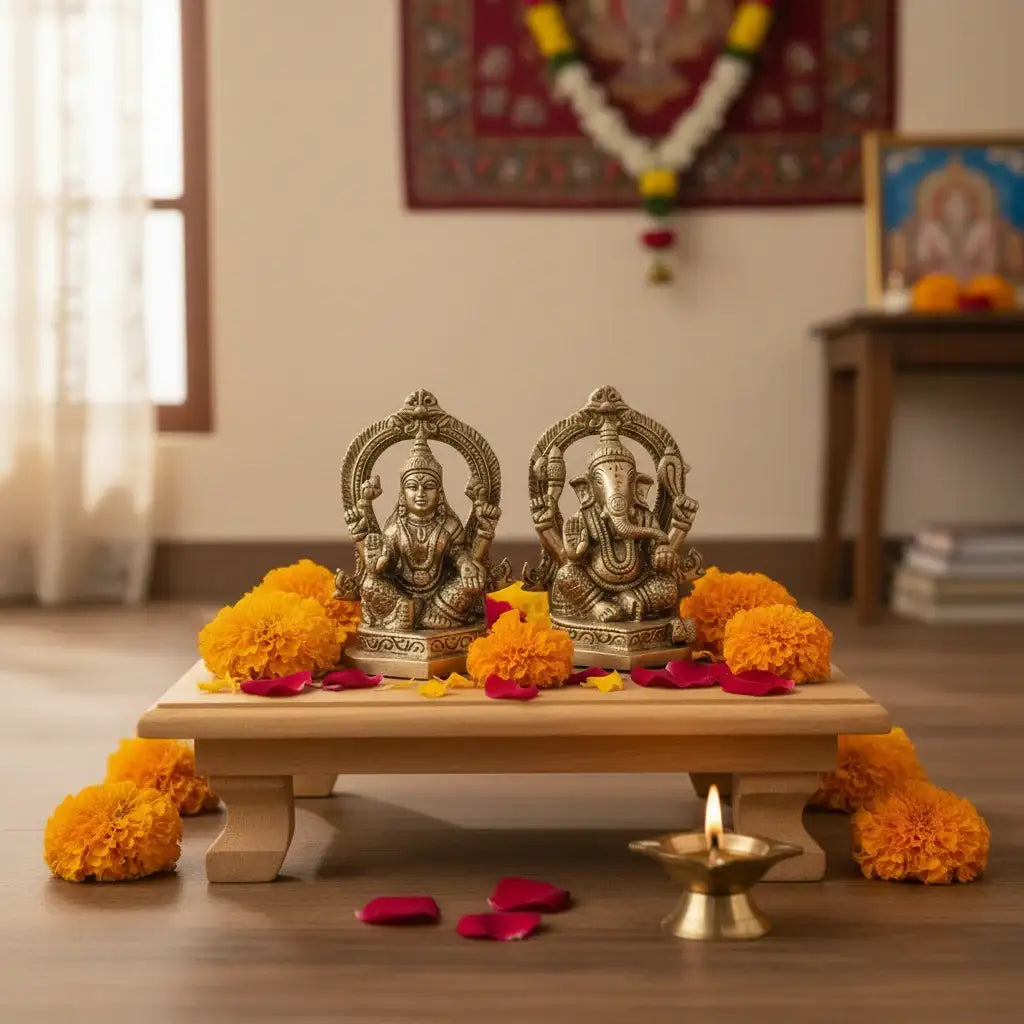 Ornate Brass Lord Ganesha and Goddess Lakshmi Idols   Brass Ware