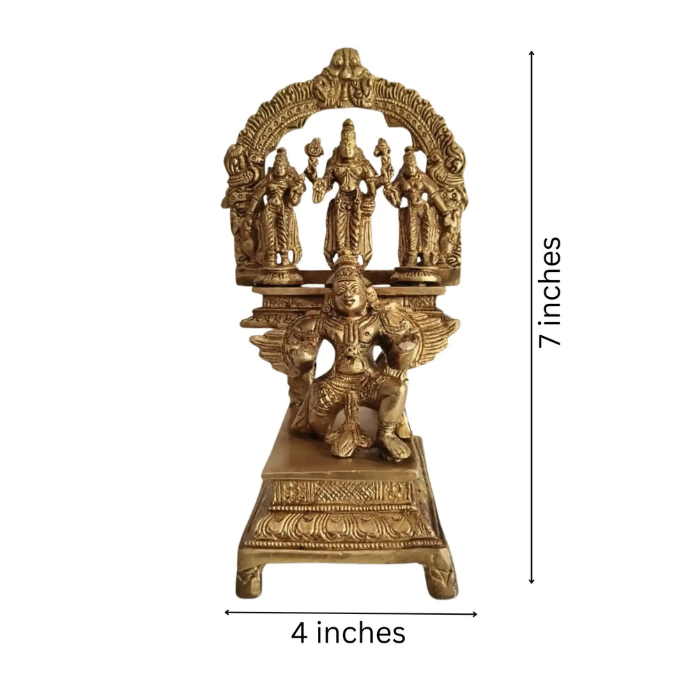 Brass Garuda Vishnu with Sridevi & Bhudevi Idol – Traditional Hindu Temple Sculpture   Brass Ware