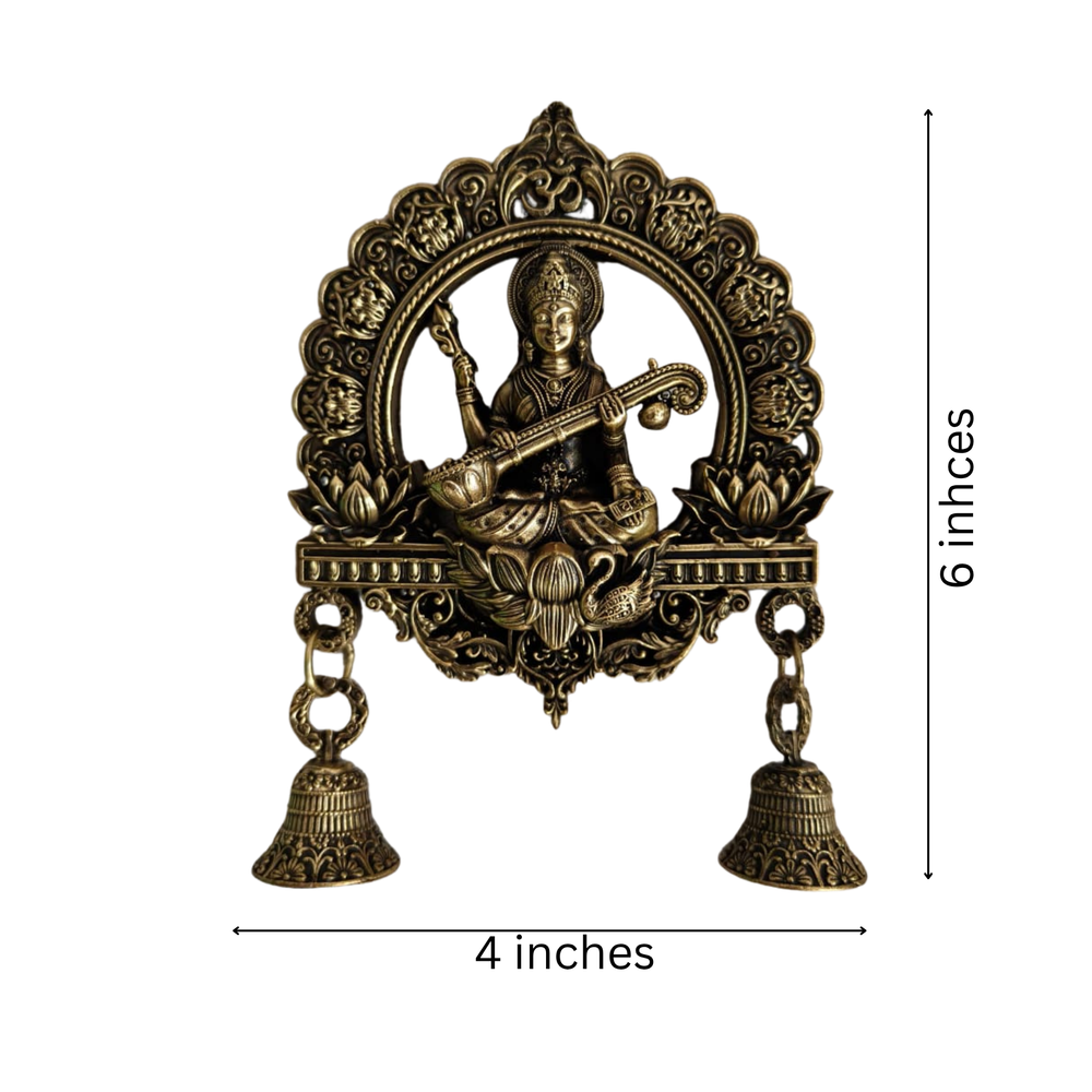 Antique Brass Finish Saraswati Wall Hanging with Bells   Brass Artwork