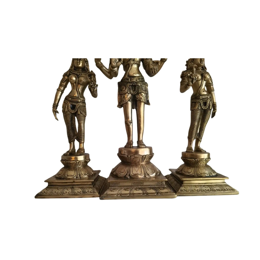 Brass Vishnu Lakshmi Bhudevi Statue Set – Antique Finish Hindu Deity Trio Idol   Brass Ware