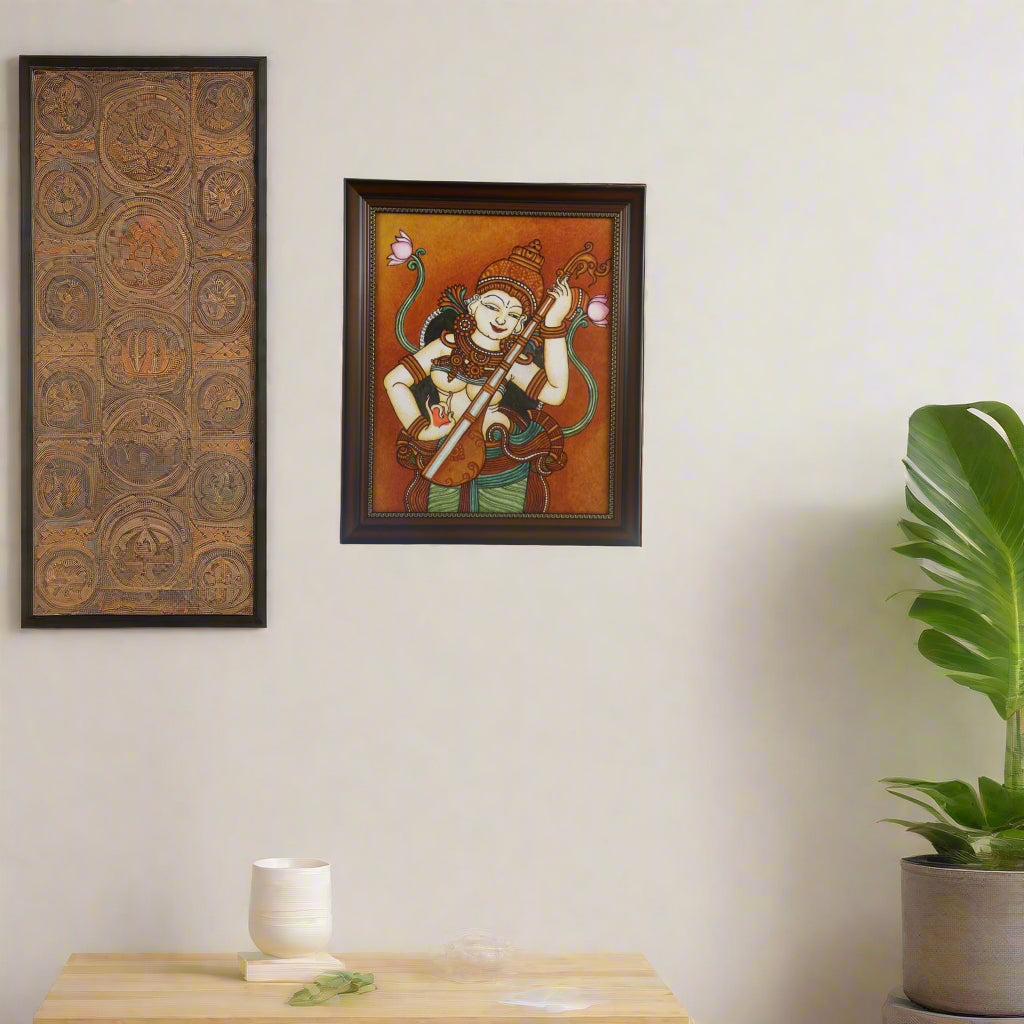 Goddess Saraswathi – Handcrafted Kerala Mural Painting