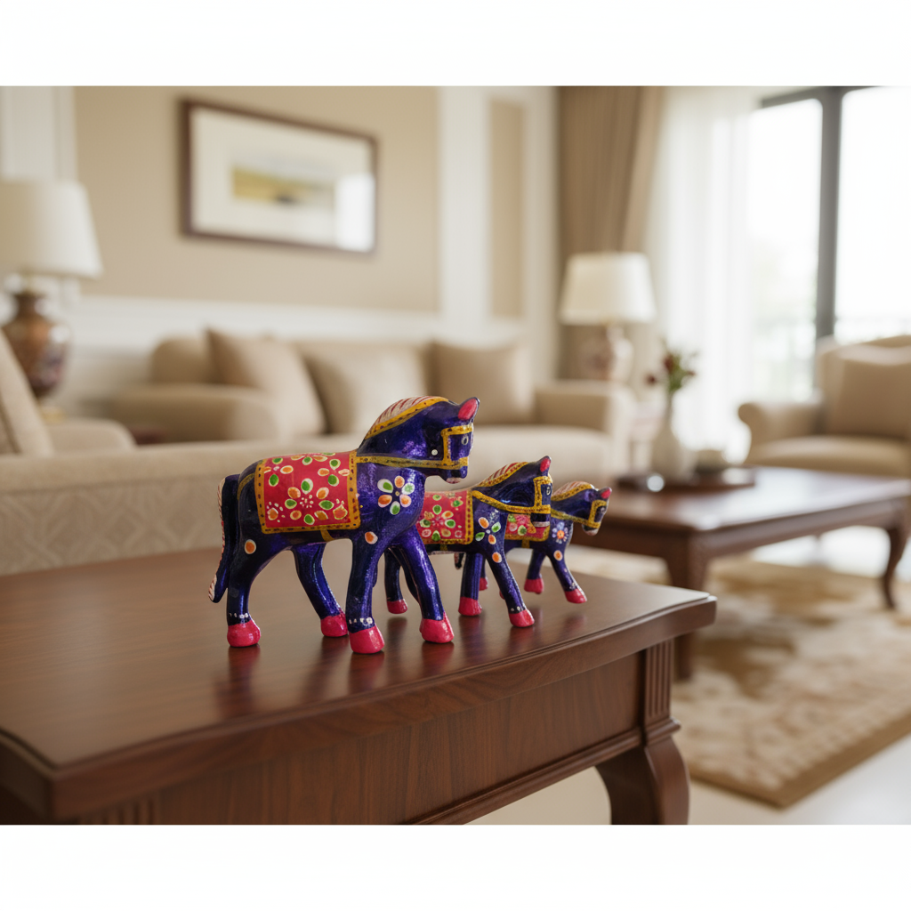 Set of 3 hand-painted wooden horses in royal blue and pink with traditional Indian folk art detailing