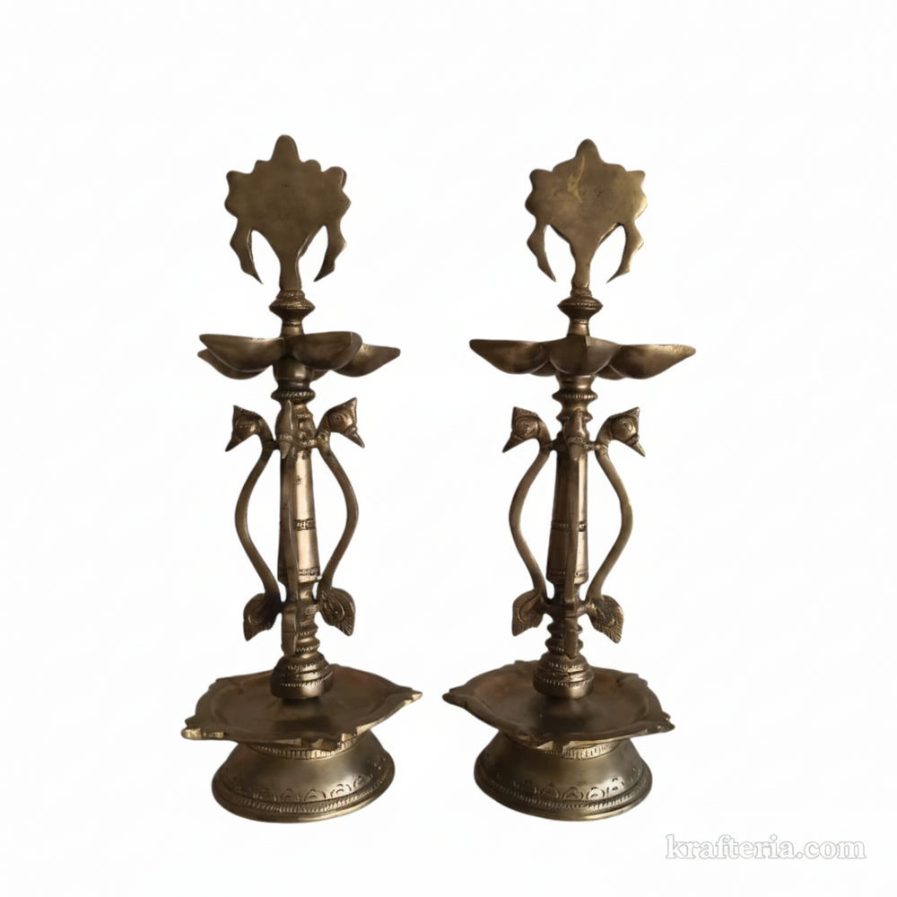Grand Brass Shankh Chakra Pedestal Lamps | Pair of Traditional Tall Vishnu Symbol Diyas   Brass Artwork