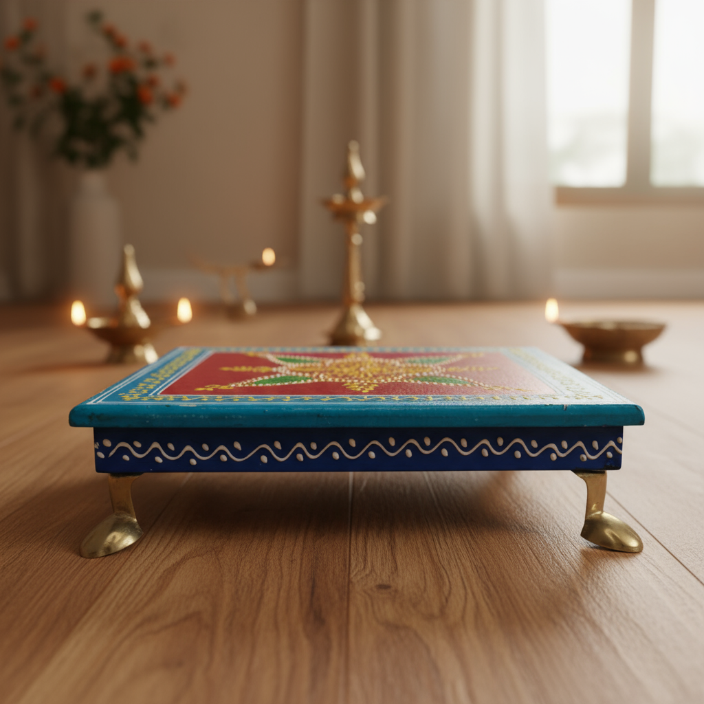 Hand-Painted Wooden Pooja Stool (Chowki) with Traditional Design