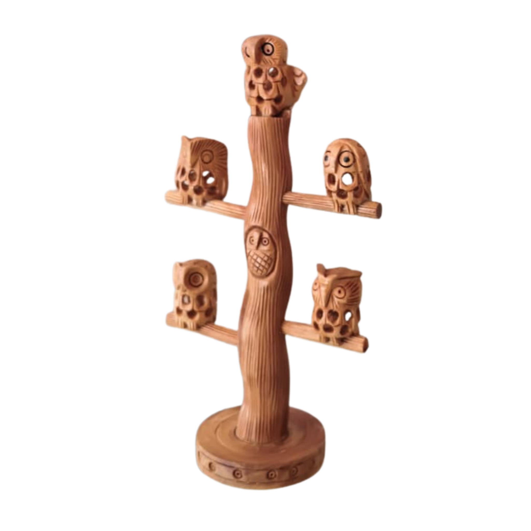 Carved Wooden Owl on Tree | Handmade Natural Home Decor