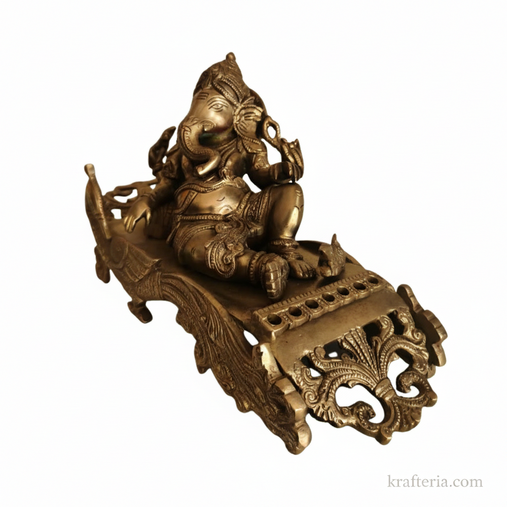 Brass Reclining Ganesha Statue – Traditional Relaxed Ganesha on Peacock Couch Idol   Brass Artwork