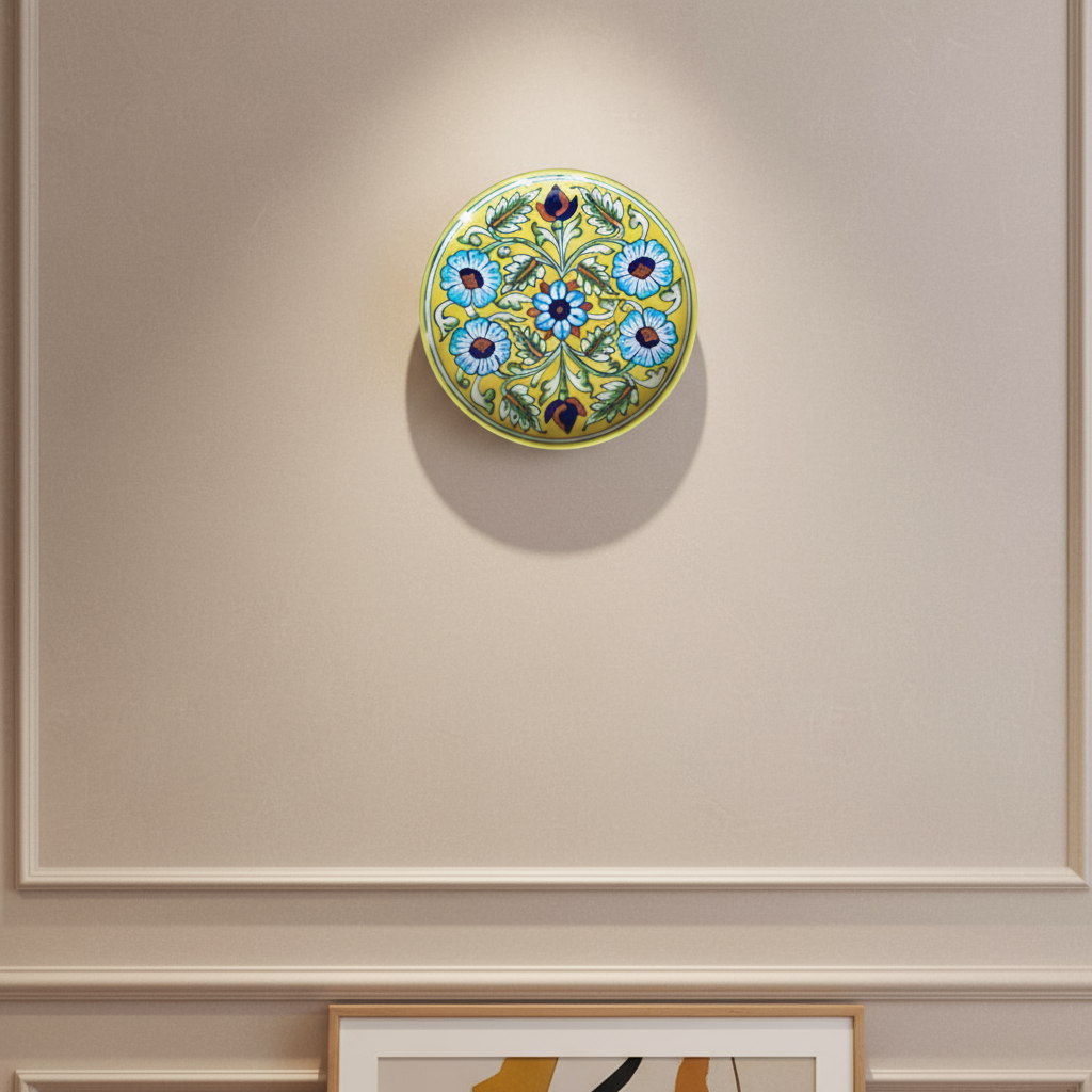 Hand-Painted Blue Pottery Floral Wall Plate | Yellow Decorative Quartz Art