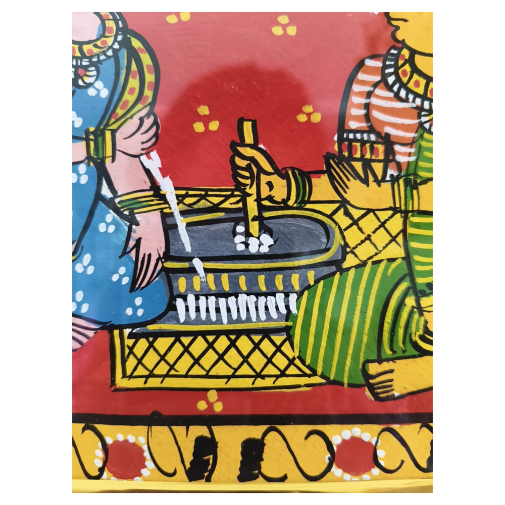 Traditional Grinding Stone Village Artwork - Framed Cheriyal Painting   Cheriyala Painting