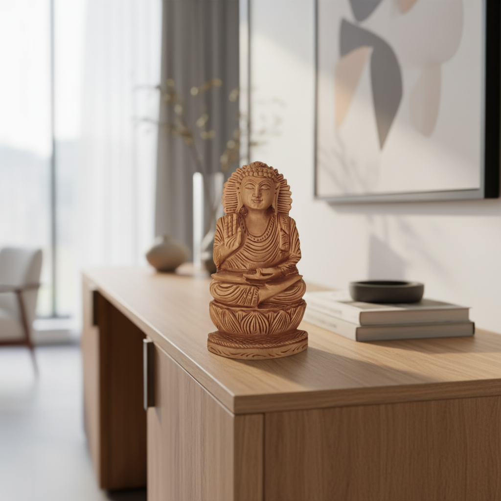 Hand-Carved Wooden Lotus Sitting Buddha – Spiritual Home Decor