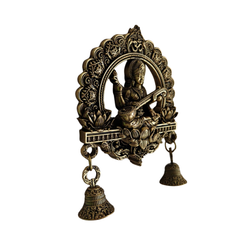 Antique Brass Finish Saraswati Wall Hanging with Bells   Brass Artwork