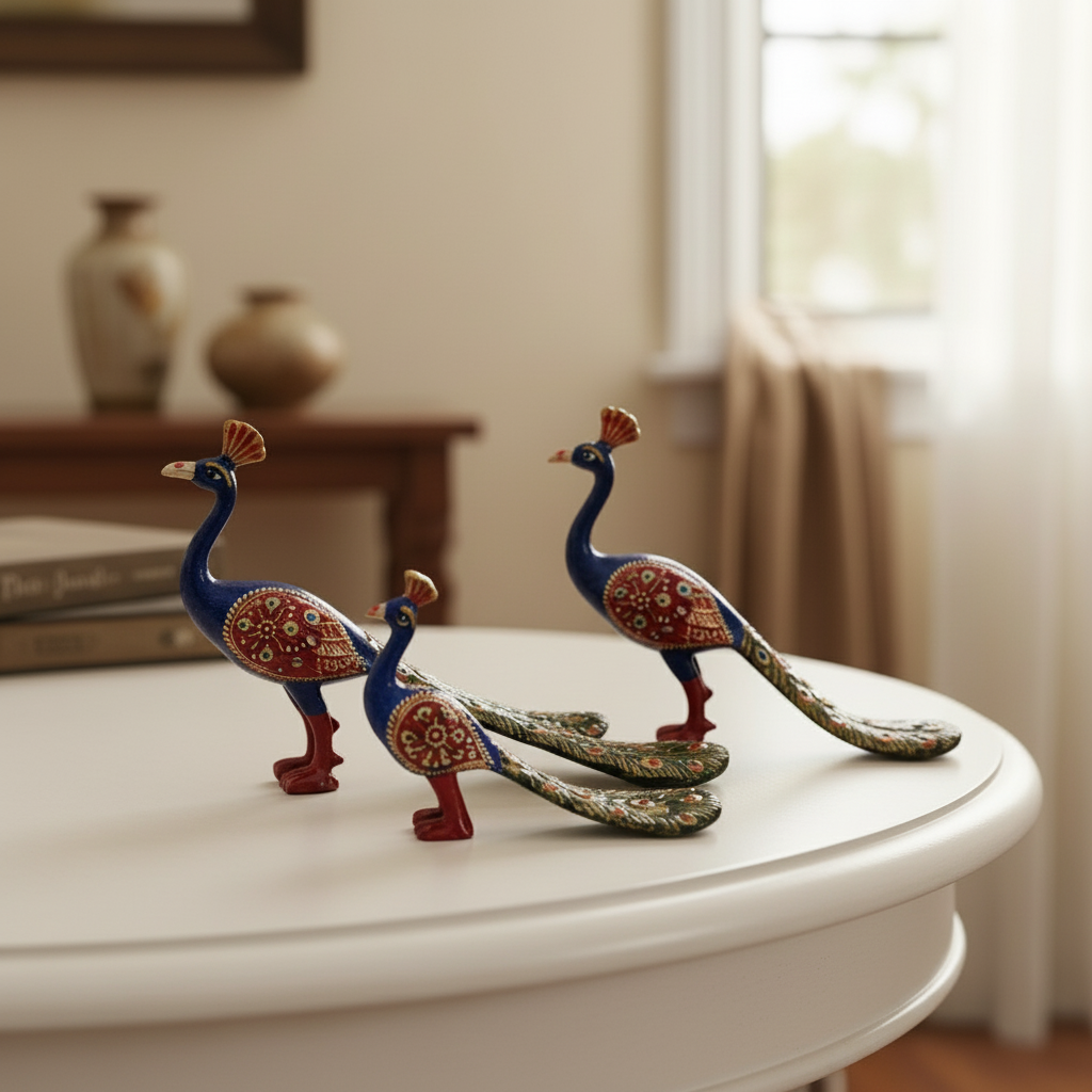 Pair of Metal Hand-Painted Meenakari Peacocks | Decorative Art Set