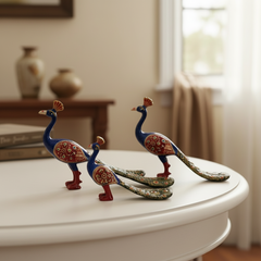 Pair of Metal Hand-Painted Meenakari Peacocks | Decorative Art Set