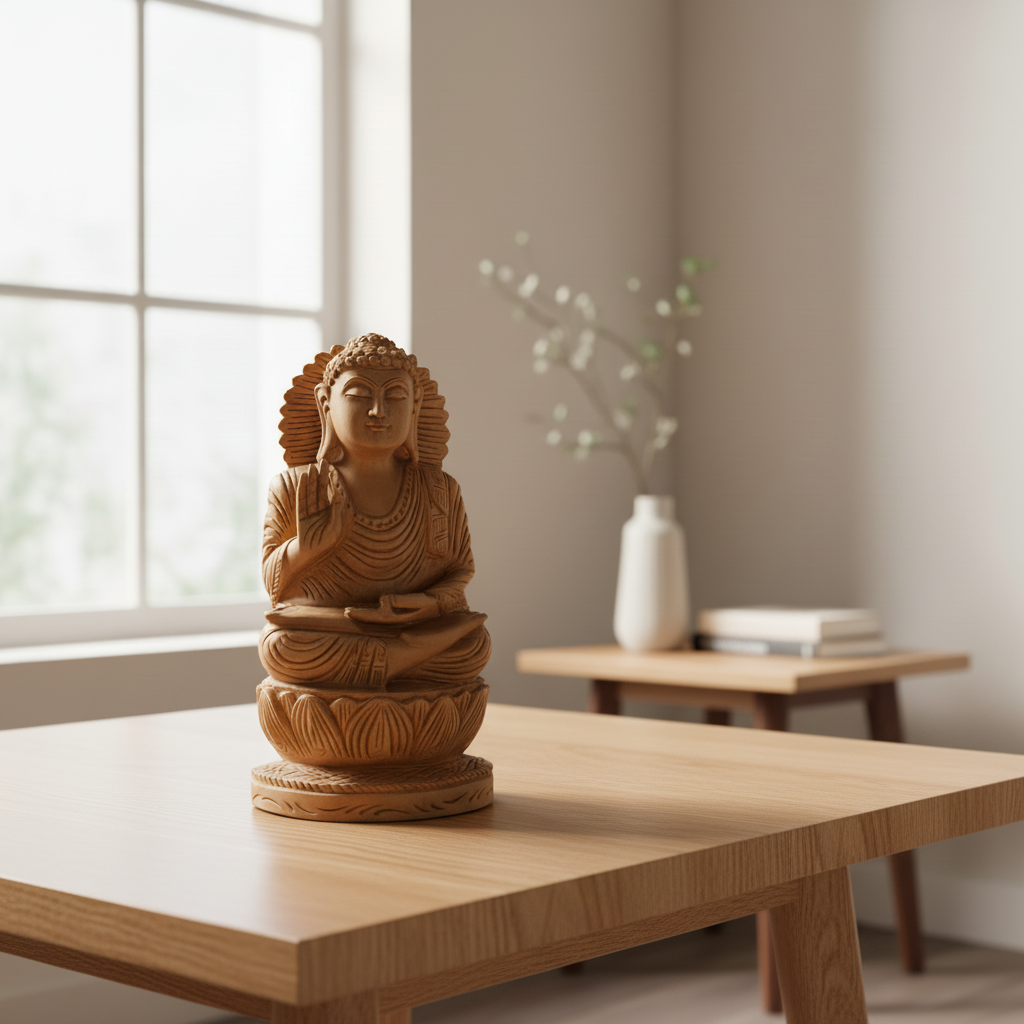 Hand-Carved Wooden Lotus Sitting Buddha – Spiritual Home Decor