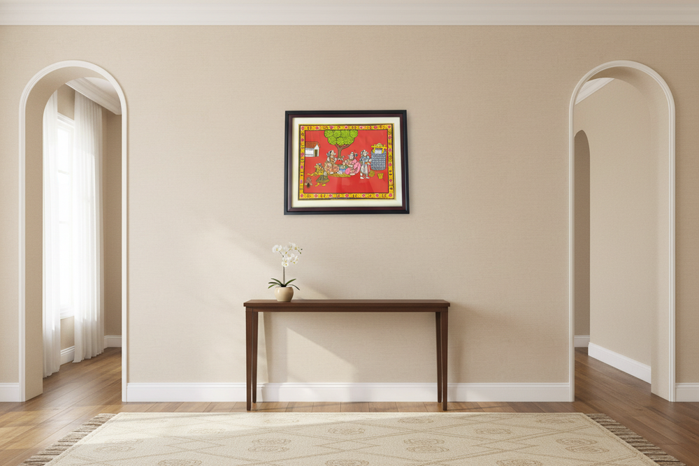 Hand-Painted Village Life Cheriyal Painting - Telangana Folk Art Wall Decor   Cheriyala Painting