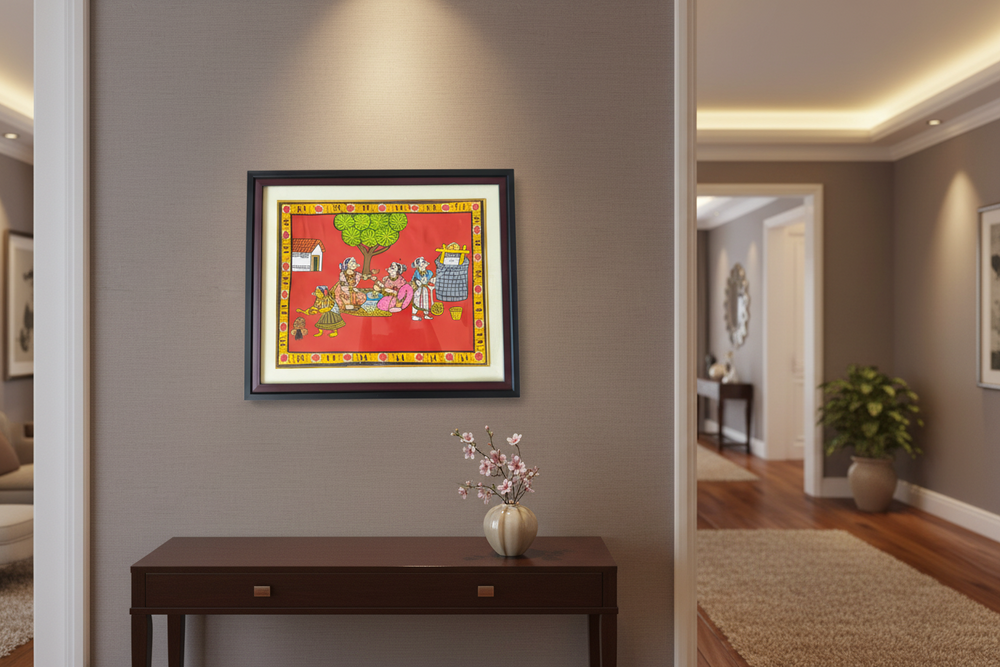 Hand-Painted Village Life Cheriyal Painting - Telangana Folk Art Wall Decor   Cheriyala Painting