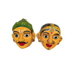 Village Man & Woman Wall Hanging Pair | Cheriyal Folk Art Couple Masks   wall decor