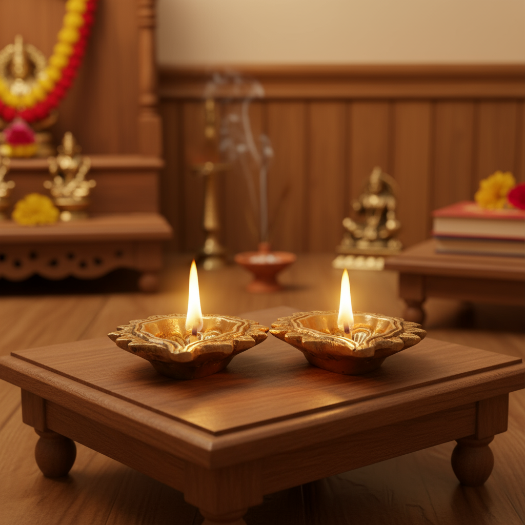 Pair Traditional Brass Diya - Decorative Oil Lamp for Puja & Home Decor
