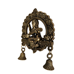 Antique Brass Finish Saraswati Wall Hanging with Bells   Brass Artwork