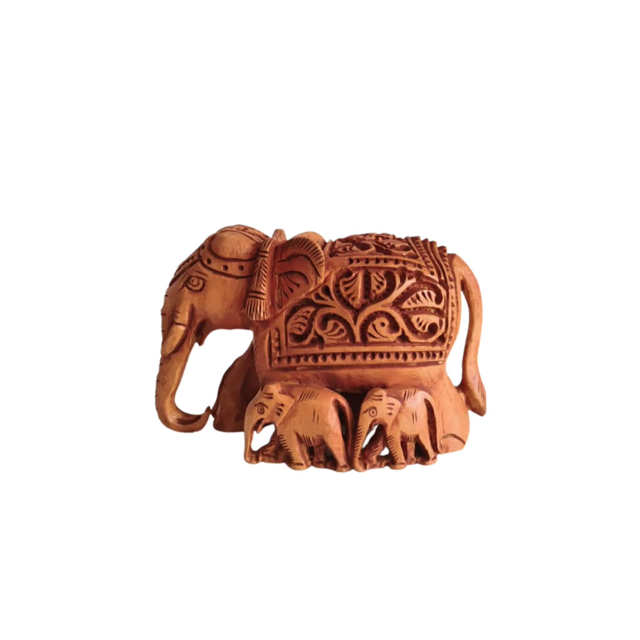 Hand-Carved Wooden Elephant Family with Intricate Details