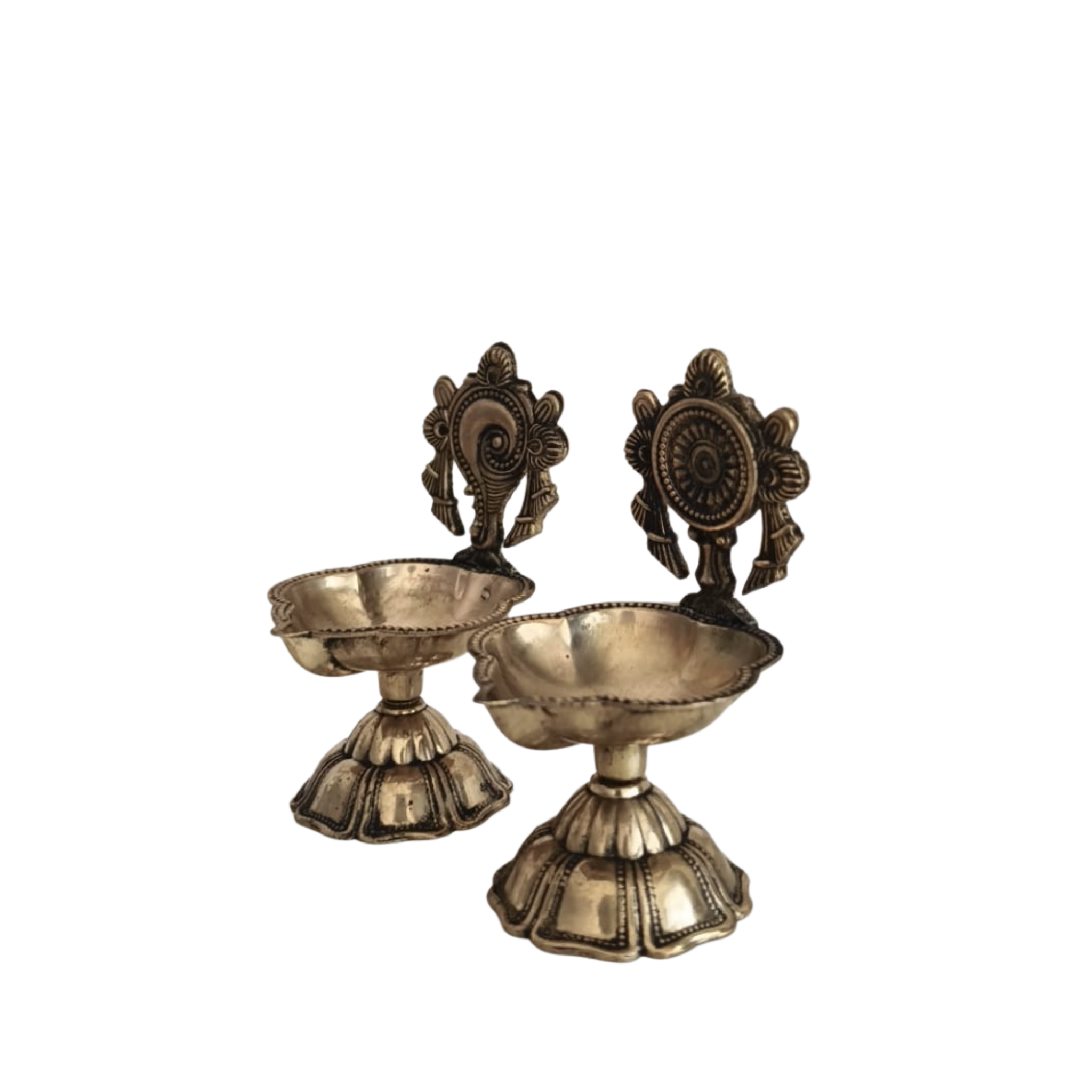 Pair of Ornate Brass Standing Diyas - Traditional Oil Lamps with Auspicious Symbols